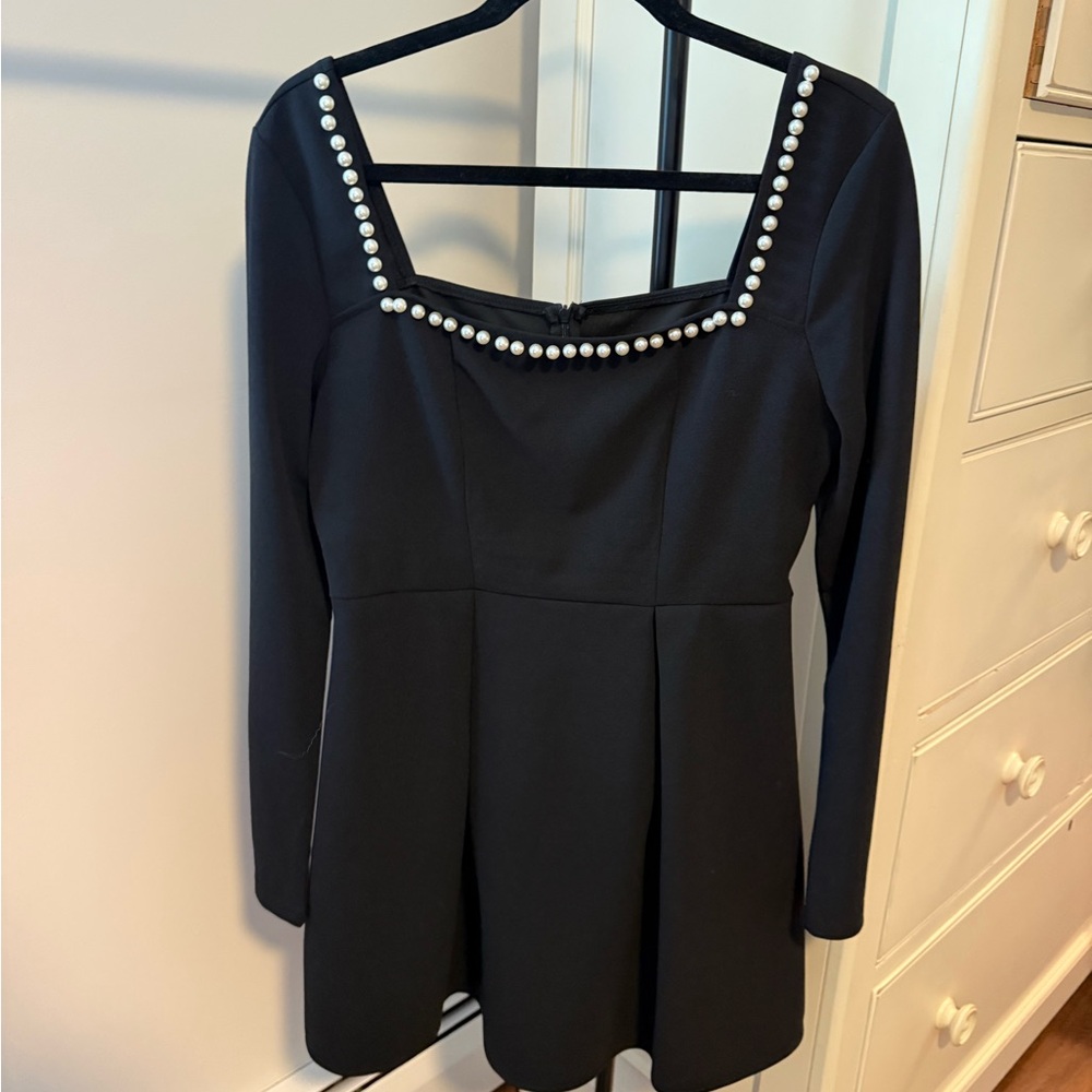 Black Long-Sleeve Pearl-Trim Square Neck Dress